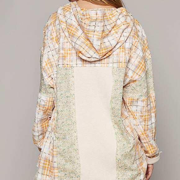 Long Sleeve Knit Mixed Hoodie Plaid Shirt - Picture 2 of 4